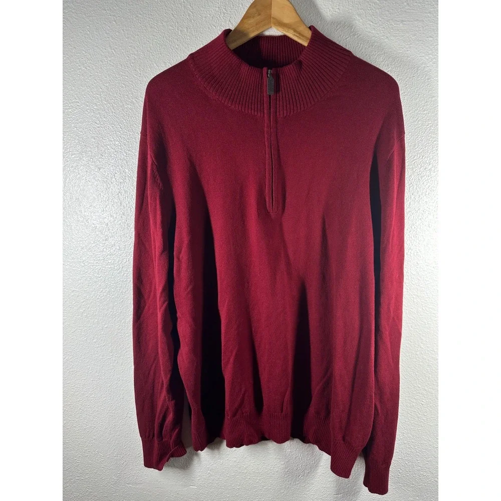 Eddie Bauer Sweater Mens XL Red Cotton Cashmere 1/4 Zip Pullover‎ Knit Mock Neck